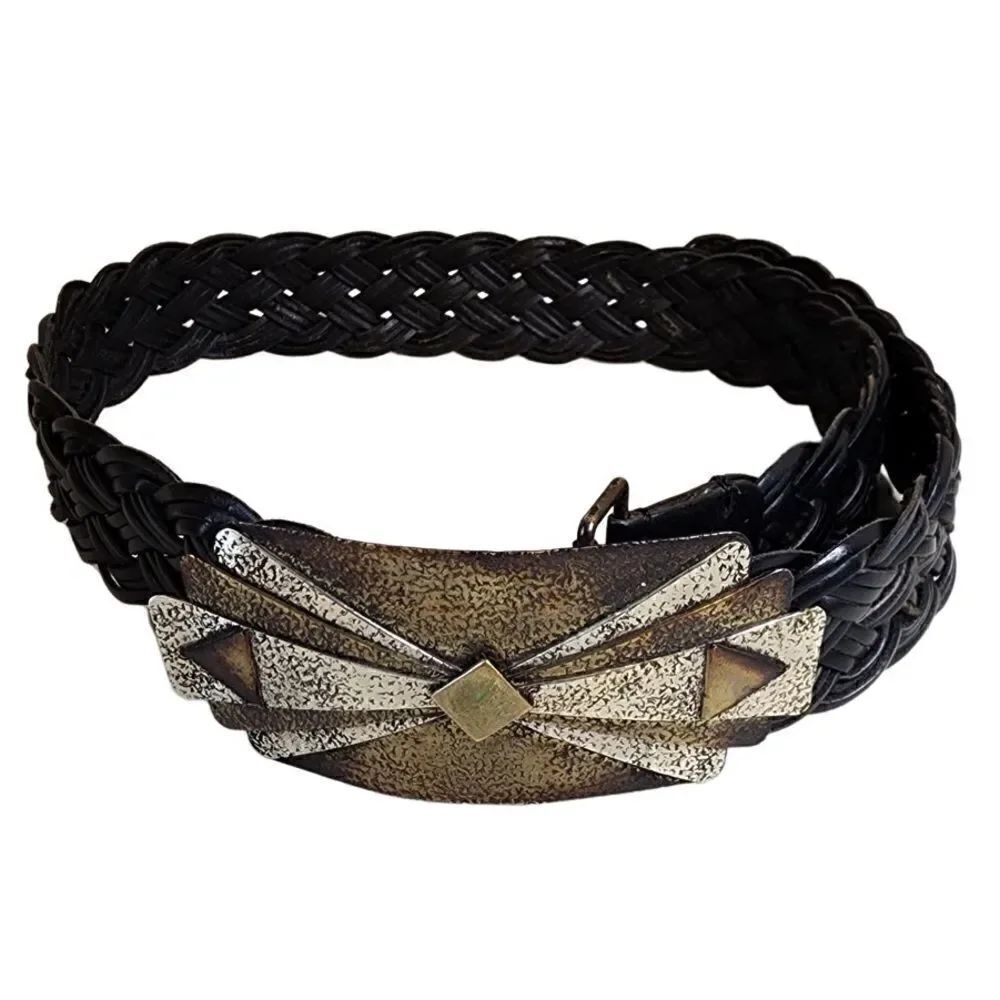 Chico’s- Black Braided Leather Ornate Rising Sun Big Buckle Medallion Belt, S/M